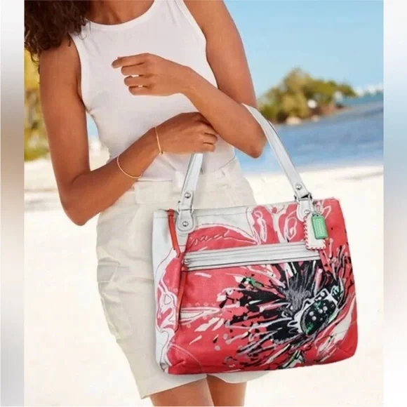 Coach Poppy Coral Floral Sequin Glam Canvas Shoulder Bag EUC - Picture 11 of 16